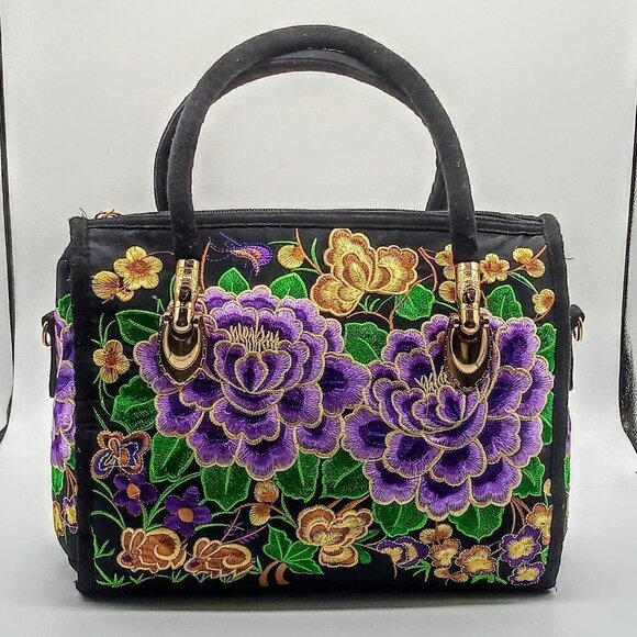 Handbags - Purple Green Gold Floral Embroidered Satchel Bag